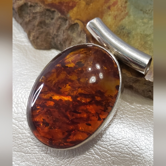 Amber Oval Necklace with Silver Detail - Picture 1 of 5